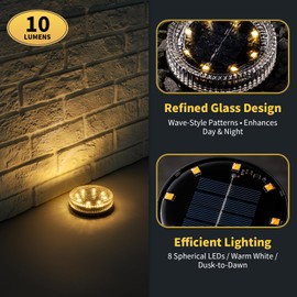 OPOIRA Glass Solar Pathway Lights with Wave Style, Modular-Design Waterproof In-Ground Light for Patio Pathway Lawn Yard Deck Walkway, Decorative Disk Lighting for Garden Bed, Warm White (8 Pack)