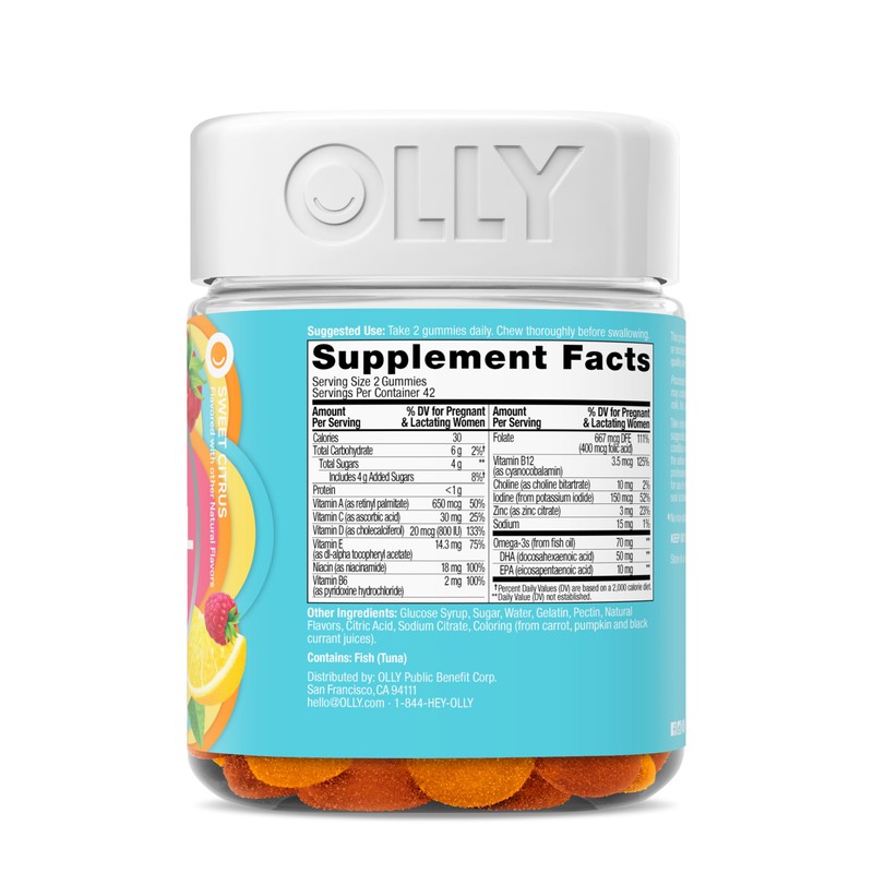 OLLY Essential Prenatal Gummy Multivitamin, Folic Acid, Vitamin D, Omega