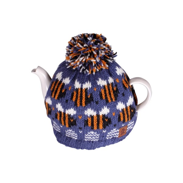 Pachamama Handknitted Medium 4-6 Cup 1.2L Wool Tea Cosy Teapot Cover - Bumble Bee Beehive Pattern Insulated Handmade Fair Trade Denim