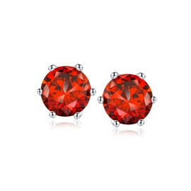 RANDES 925 Sterling Silver January Birthstone Earrings Round Created Red Garnet Solitaire Stud Earrings for Women