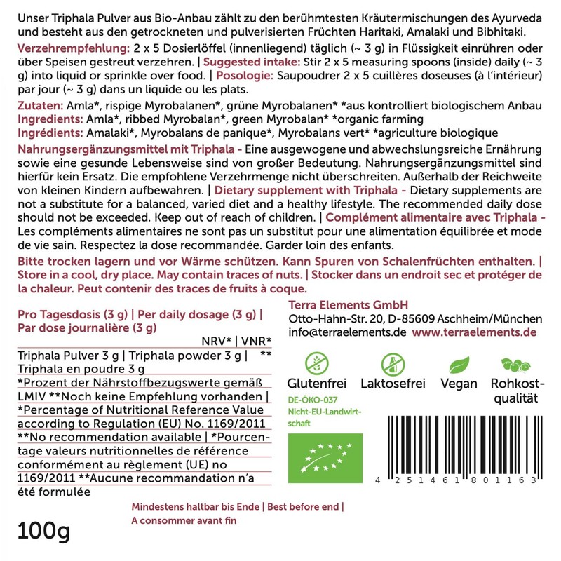 Terra Elements Organic Triphala Powder, 100 g, Triple Fruit from