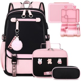 Bevalsa Kids Backpack for Girls with Bento Lunch Box Set, Pink Cute Bookbag Backpack for Girls Kids, 43oz Lunch Containers Lunchbox Bento Box, Lunch Bag & Pencial Case, Back To School Gift