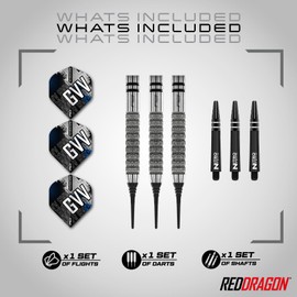 RED DRAGON Darts – Professional Player - Gian van Veen Tour Edition - 90% Tungsten - 18g barrel / 20g Full Weight Soft tip Darts Set with Dart Flights and Dart Shafts (Stems)