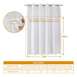 eachope 1 Pack Extra Long Fabric Snap-in Shower Curtain Liner Replacement,Compatible with No Hook Shower Curtain with Snap in Liner, Removable & Water-Repellent,Machine Washable,70x66,White