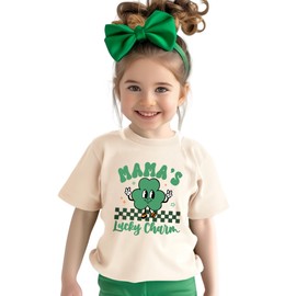 SANIXJOO Toddler Boys Girls St Patrick's Day Outfit Mama's Lucky Charm Kids T-Shirts Cute Graphic Clover Tee Tops(Light Khaki,5-6Years)