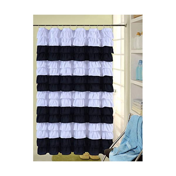 spring Home Waterfall Ruffled Fabric Shower Curtain (Black/White)