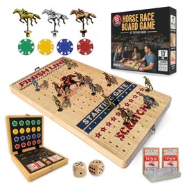 Horse Racing Board Game - Large 22 Inches Folding Horse Race Game Board Adult - Exciting Family Racing Set with Built-in Storage for Premium Chips, 2 Sets of Cards, 2 Dice, and 11 Metal Derby Tokens