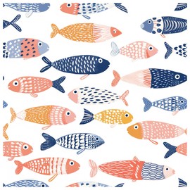 HAOKHOME Bathroom Wallpaper Peel and Stick Wall Paper Fish Undersea Blue/Pink/Yellow Removable Contact Paper for Home Kitchen Decorations 17.3in x 9.8ft