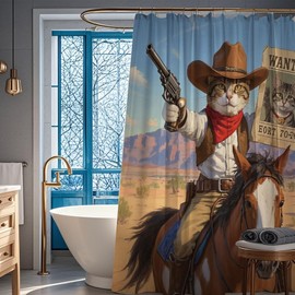 Pakena Cool Cowboy Cat Riding a Horse Shower Curtain Funny Animal Shower Curtain Set for Kids Bathroom Cute Wild Animal Bath Curtain Rustic Western Desert Bathroom Accessories Home Decor 72x72 Inch