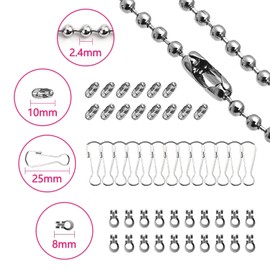 TEEUCNY Ball Chain, Stainless Steel Ball Chain, Stainless Steel Beads, Roller Chain Extension, 10 m / 2.4 mm Stainless Steel Ball Chain with Matching Plug Clip for DIY Stainless Steel Ball Chain