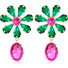 JOONL Bohemian Sparkly Crystal Big Flower Teardrop Dangle Drop Earrings Rhinestone Floral Stud Earring for Women (Green)