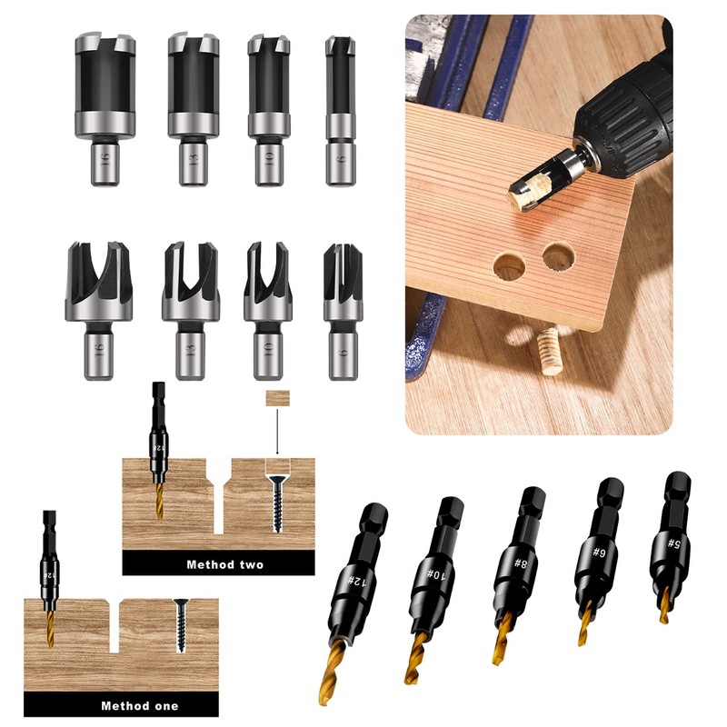 14pcs Countersink Drill Bit Set Include Wood Plug Cutter Tool