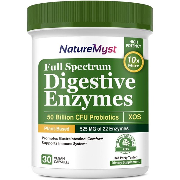 NatureMyst Digestive Enzymes + Probiotic, Gut Health Supplement, Digestion and Bloating Relief for Men and Women, 525 mg of 22 Plant-Based Enzymes, 50 Billion CFUs, XOS Prebiotics, 30 Vegetarian Caps