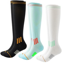 Dress Cici Striped Compression Socks Set for Women, Snug Fit Knee High Compressions Sock for Running And Other Activities (3 Pairs: White+Black+Blue)