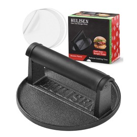 HULISEN Pre-Seasoned Cast Iron Burger Press Includes 100 Pcs Patty Paper, 2.3lb Heavy Duty 6” Burger Smasher for Griddle with Heat Resistant Handle, Grill Press for Hamburger, Bacon, Meat