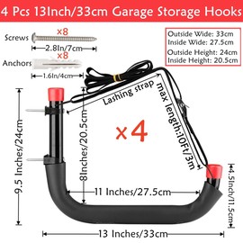 Heavy Duty Garage Storage Hooks, 33cm Arm Large Wall Mount Hanger with EVA Protector, Garage Racks & Organizer for Ladders, Folding Chairs, Kayak, Surfboard, Garden Tool (24cm x 33cm, Pack of 4)
