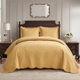 CHIXIN Oversized Cotton Bedspread King Size - Real Stitching - Luxury Quilted Bedding Cover for All Season, Reversible, Ultra Soft, Lightweight, 3 Piece, Honey Gold