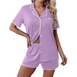 Ekouaer Pajamas for Women Set 2 Piece Soft Button Up Pjs Short Sleeve Summer Lounge Sets Comfy Sleepwear Lavender M