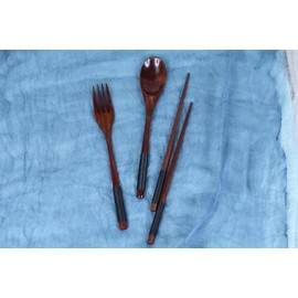 PrintSupremacy 3-Piece Japanese Wooden Utensil Set Spoon Fork and Chopsticks with Floral Pouch, Foodie Travel Novelty Business, Souvenir Ideas for Advertising Housewarming Wedding (5 Set, Plain)