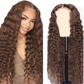 Hxxcoup Brown Human Hair Wig Lace Wig Women's 4x1 T Part Wig Women's Real Hair Brown Wig Lace Closure Wig Wavy Hair Brown Colour Long Wigs 24 Inches (61 cm)