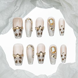 Sun&Beam Nails Handmade Press-on Long Coffin Ballerina Nude Beige Nude Beige Gold Leopard Print Rhinestone French Design Fashion False Nail Tips 10 Pcs Set (#202 M)