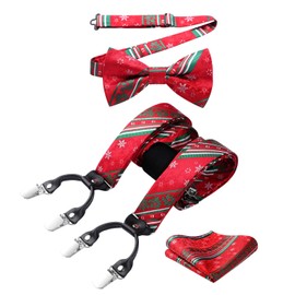 HISDERN Men's Braces Set Christmas Bow Tie Pocket Square Adjustable Y Shape with Strong Clips Fun Santa Pattern Braces for Men, Red (red 3)