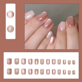 24 Pcs Spring Press on Nails Extra Short Square,LINMEIZAI Bean Color Cute Fake Nails Press ons Nail Tips Glue on Nails Full Cover Acrylic Nail Kit False Nails with Cat's Eye Nail Art Design for Women
