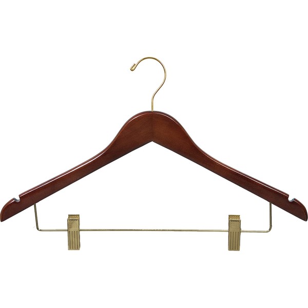 Wooden Combo Hanger with Adjustable Cushion Clips and Walnut Finish,