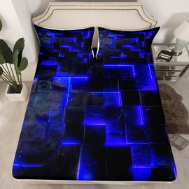 3D Geometric Leaves Abstract Aesthetic Bed Linen, Black and Navy Fitted Sheet, 140 x 200 x 30 cm, Glowing Futuristic Cube Bed Set, Neon Grid Bed Linen (Deep Pocket)