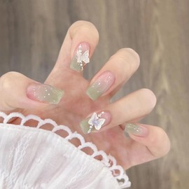 Nail Tip, Long, 24 Pieces, Nail Tip, False Nail, Skin Color, Gradient, Green, Pink, Moon, Butterfly, Heart, Diamond, Skin Color, 3D Nail Sticker, Popular, Japanese Style, Cute, Simple, Stylish Party,