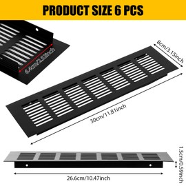 MUXHEL 6PCS Black Air Vent Covers for Walls 80x300mm Kitchen Plinth Vent Metal Ventilation Grill Aluminum Alloy Radiator Grill Air Vents for Interior Walls, Door, Wardrobe, Radiator, Cupboard
