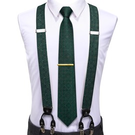 Hi-Tie Men's Suspenders and Tie Set Adjustable Y Braces and Pocket Square Set Strong 6 Clips for Tuxedo Wedding Prom, Dark Green, Medium