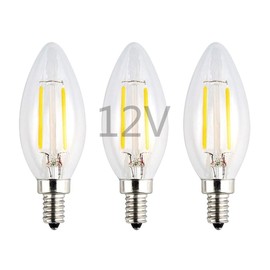 OPALRAY LED Candelabra Low Voltage Bulb, DC 12V Input, 2W 200Lm, Dimmable, Warm White Light, E12 Candle Base, Clear Glass Torpedo Tip, 25W Incandescent Equivalent, 12-24V DC Power, 3 Pack
