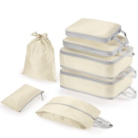 Compression Packing Cubes 7-teiliges Set mit Multi-Fach-Reisetasche, wasserdichte Koffer-Organizer-Taschen, Reiseverpackungswürfel für Koffer, Verpackung & Aufbewahrung für Gepäck (Beige)