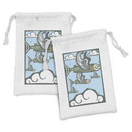 Lunarable Fish Fabric Pouch Set of 2, Flock of Fish with Wings Flying in the Cloudy Sky Cartoon Woodcut Style Illustration, Small Drawstring Bag for Toiletries Masks and Favors, 9" x 6", Multicolor