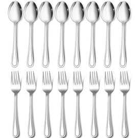 16-Piece Spoons and Forks Set, E-far Stainless Steel Slimline 8 Dinner Forks and 8 Dinner Spoons, Modern Metal Silverware Flatware Cutlery for Kitchen and Restaurant, Dishwasher Safe-7.9 Inch