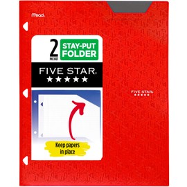 Five Star 2-Pocket Folder, Plastic Folder with Stay-Put Tabs, Fits 3 Ring Binder, Holds 8-1/2" x 11" Paper, Red (333420D-ECM)