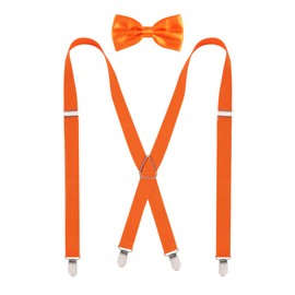 Alizeal Men's 4 Clips X-Back Solid Suspenders Pre Tied Bow Tie Set Elastic Adjustable Braces, Orange