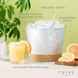 Twine Farmhouse Ice Bucket with Scoop - Beverage Tub Wrapped with Rope for Parties - Galvanized Metal Bucket Cooler & Drink Tub Holds 1 Gallon