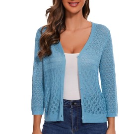 OPREXO Women's Lightweight Crochet Cardigan 3/4 Sleeve Cropped V Neck Button Shrug Knit Sweater Tops Peacock Blue
