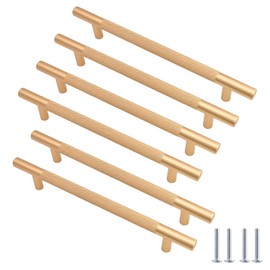 Cjueiom 6 Pack Gold Cupboard Handles 160mm Hole Center T Bar Handles, Knurled Drawer Handles Long Wardrobe Door Handles Pulls with Diamond Pattern, Kitchen Cabinet Handles for Bedroom Drawer