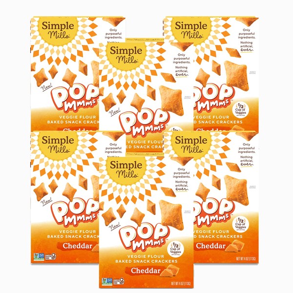 Simple Mills Pop Mmms Veggie Flour Baked Snack Crackers, Cheddar, Nothing Artificial, Kosher, Gluten Free & Non-GMO, 4 Ounce (Pack of 6)