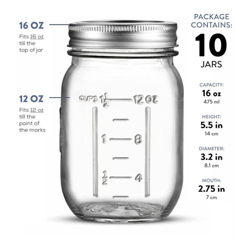 16 oz - 5-Pack Regular Mouth Glass Jars with Lid