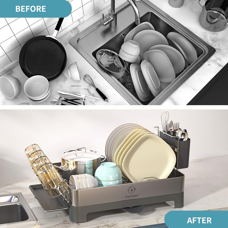 Genteen Dish Drying Rack, Stainless Steel Dish Rack with Drainboard