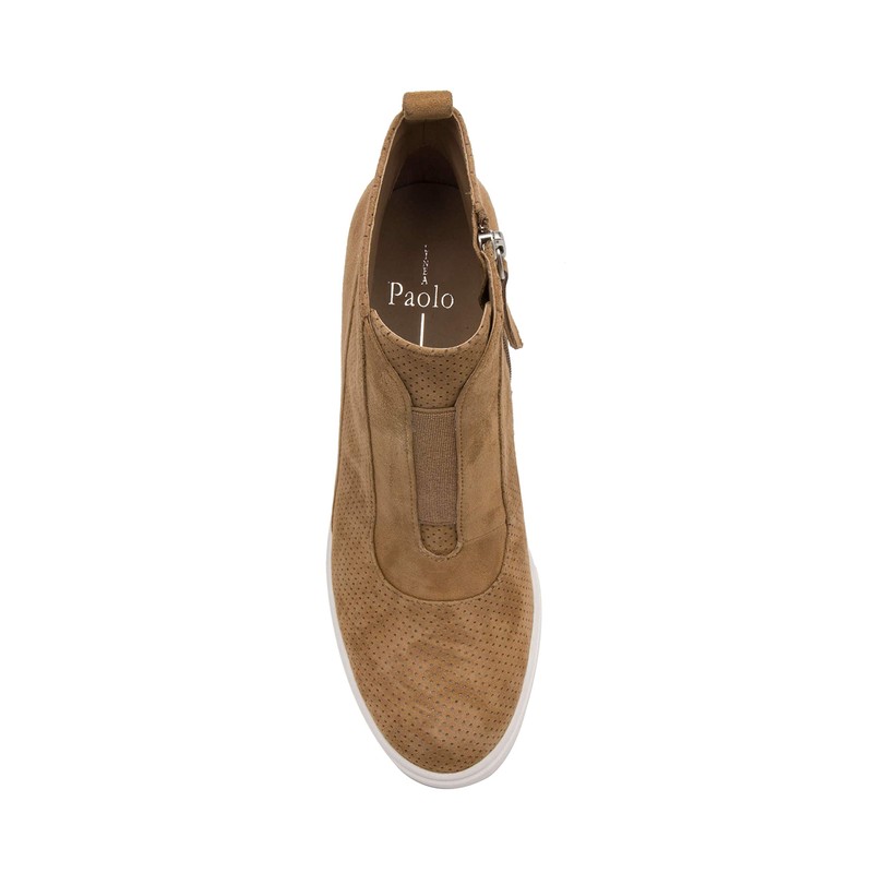 Anna - Low Heel Designer Platform Wedge Sneaker Bootie Tan