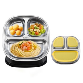 Stainless Steel Children's Plate with Suction Cup - Shockproof Triple Plate for Babies from 6+ Months (Dishwasher Safe/100% BPA-Free) - Crush-Proof Dinner Plate with Vacuum Base for Crib & Travel
