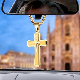 LeapoFaith Cross Pendant for Car Rearview Mirror Hanging Decoration Jesus Cross Charm for Car Hanging Accessories Ornament Vehicle Religious Lord's Prayer Cross Necklace Gift for Men Women(Gold)