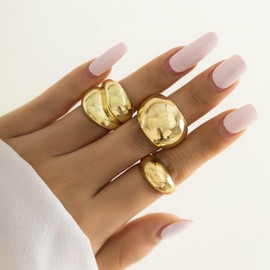 Hremhoo 3Pcs Chunky Gold Rings Set for Women, Gold Statement Rings, Bold Thick Dome Chunky Rings, Open Adjustable Boho Gold Knuckle Rings Set for Women,Minimalist Simple Rings. (Gold)
