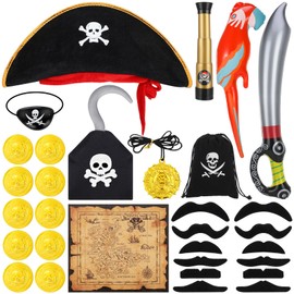 11Pcs Pirate Costume Accessories Set, Fancy Dress Costume Accessory Set for Boys Girls, Kids Pirate Captain Costume, Includes Telescope Sword Eye Patches Mustache Hat Treasure Map