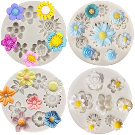 Sijiangmold Blumen-Fondant-Kuchenform Gänseblümchen Rose Chrysantheme und kleine Blume Silikonformen für Süßigkeiten Schokolade Kuchendekoration Cupcake-Topper Blütenpaste Polymer-Ton 4er-Set